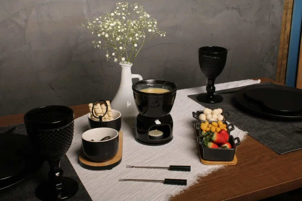 Elegant Fondue Set Table Setting with Flowers